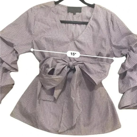 Anthropologie ruffled puff sleeve blouse gingham print bow tie belt small - Picture 5 of 11
